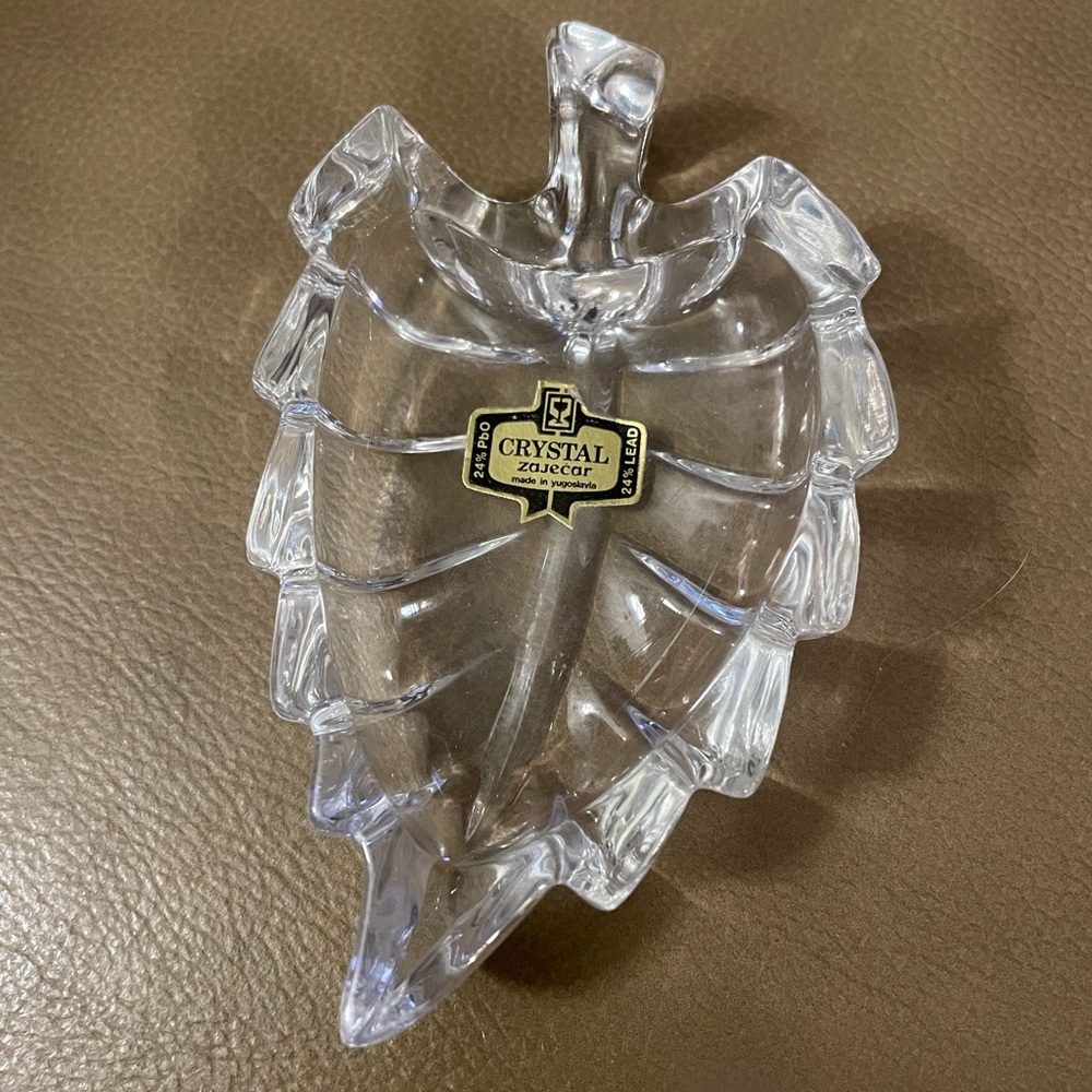 ZAJECAR 24% Lead Crystal 4" Clear Small Leaf Yugoslavia Glass Trinket Candy Dish